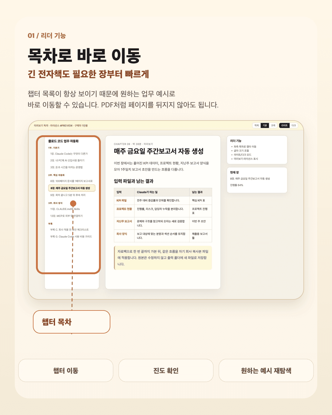 전자책 리더의 챕터 목차 이동 기능을 확대 설명하는 세로형 이미지
